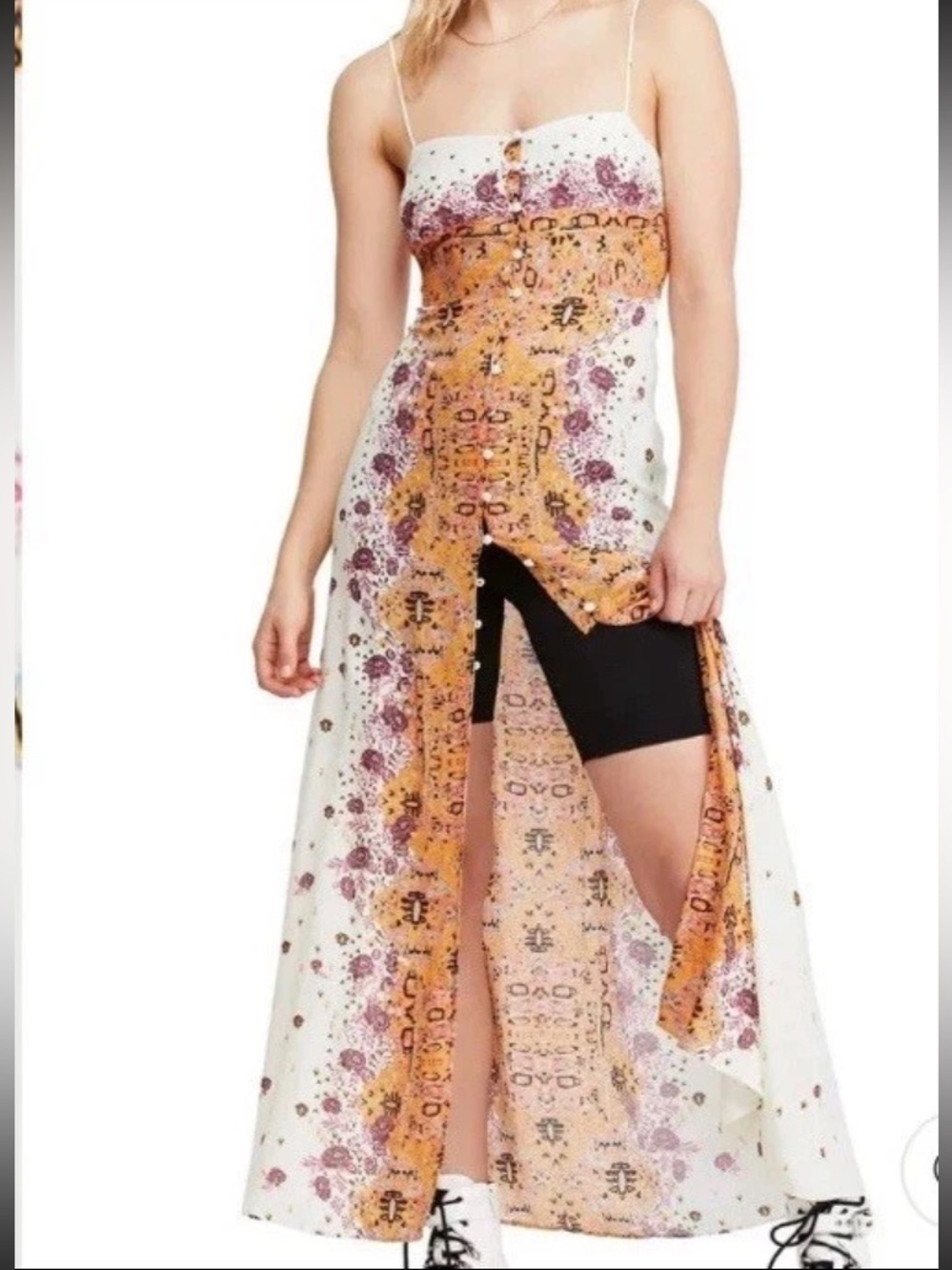 Free People Morning Song Cream Maxi Dress Sz M Orange & Pink Floral Center Panel - Picture 4 of 13